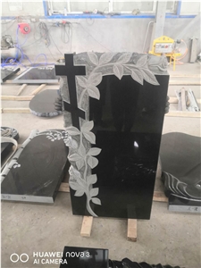 Black Granite Cross Monument with Flower Carved