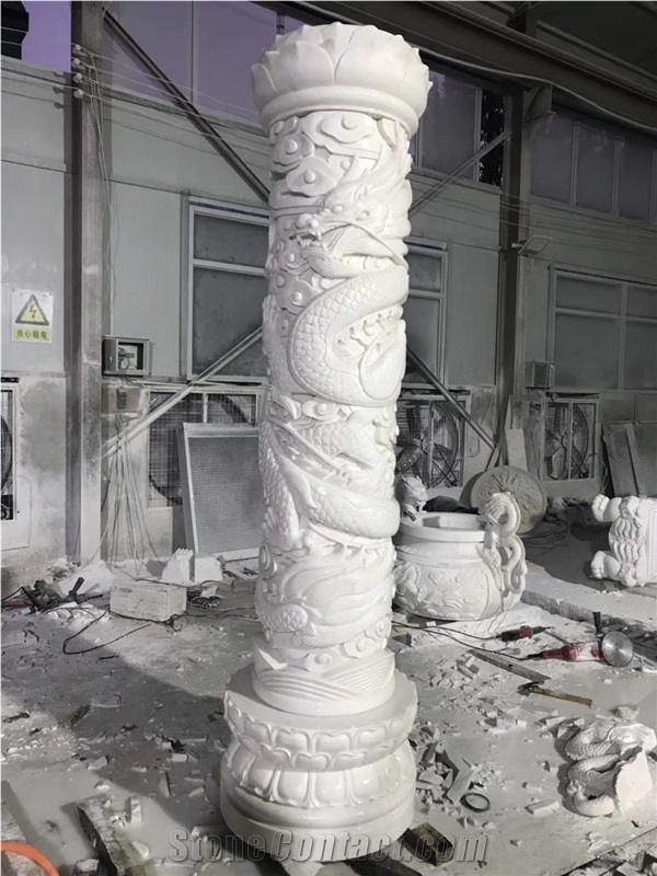 Chinese Style Marble Carving Column with Dragon Tripod