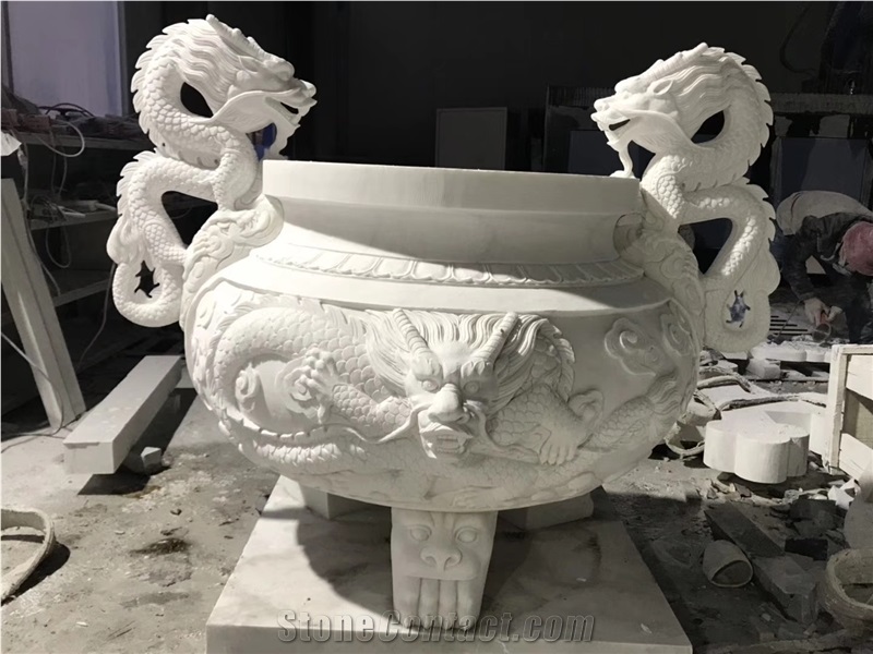 Chinese Style Marble Carving with Dragon Tripod