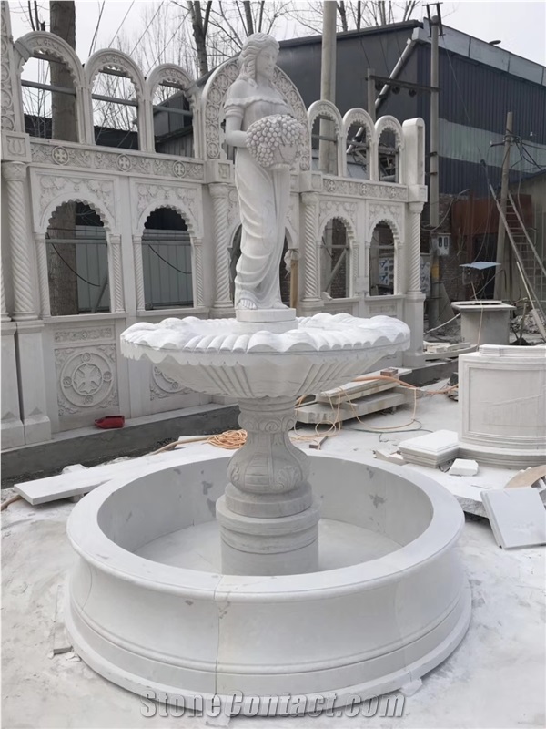 White Marble Fountain with Angel Statues Carved
