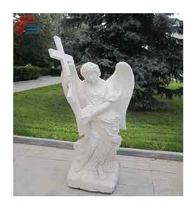 White Marble Standing Angel with Cross