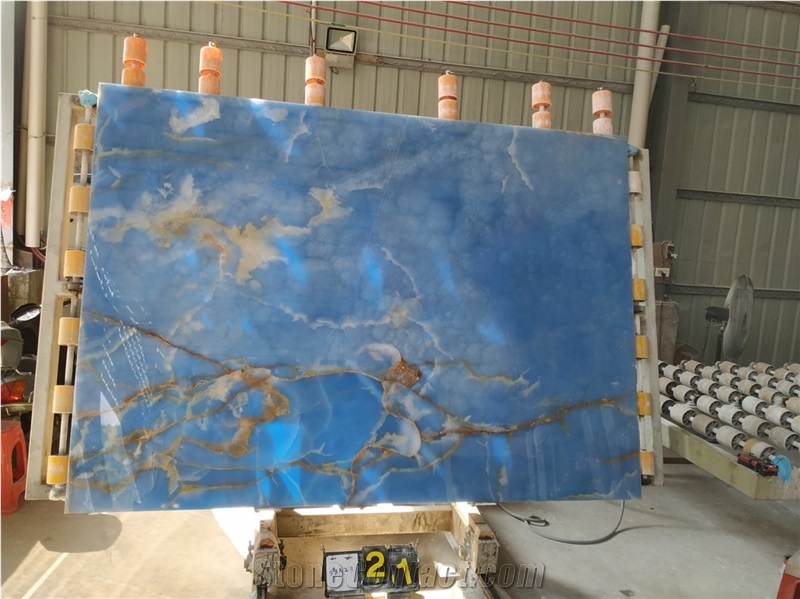 Blue Gold Ice Onyx Slabs Painted Azul Wall Tiles