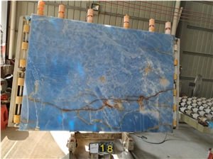 Blue Gold Ice Onyx Slabs Painted Azul Wall Tiles