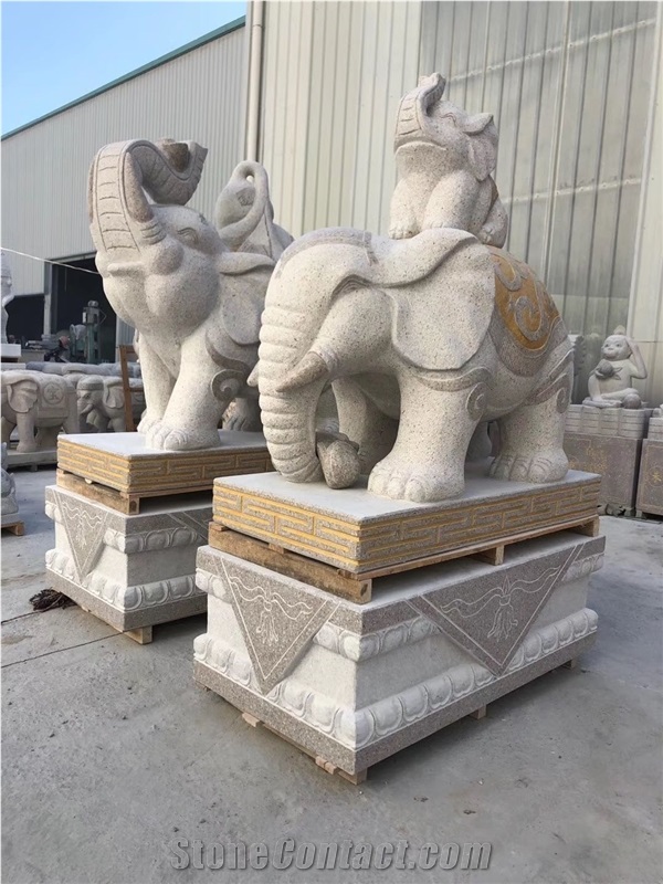 Golden Animal Elephant Statues Granite Carving
