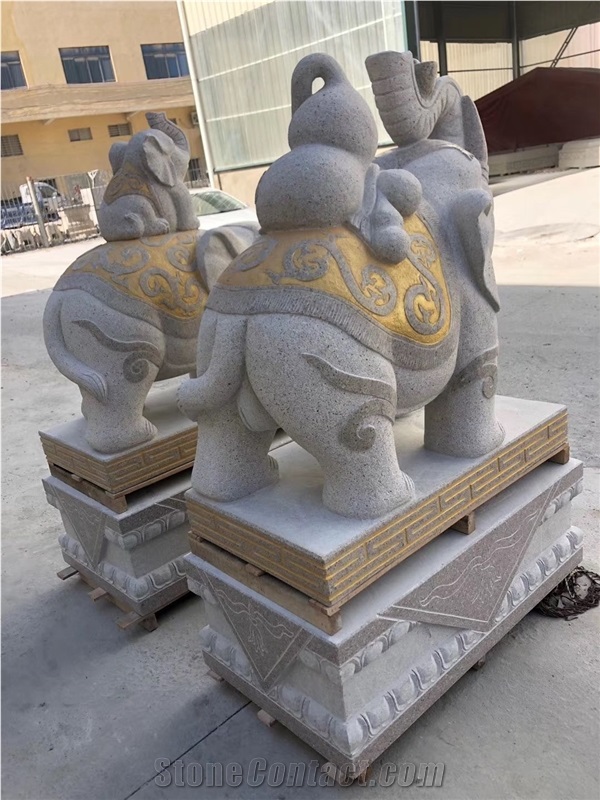 Golden Animal Elephant Statues Granite Carving