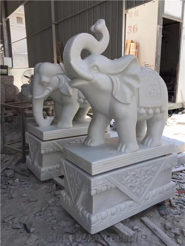 Pure White Marble Elephant Stone Sculpture Outside