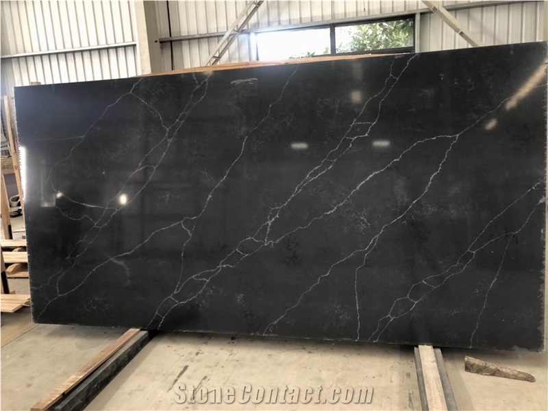 Black Quartz Slabs with White Veins from China