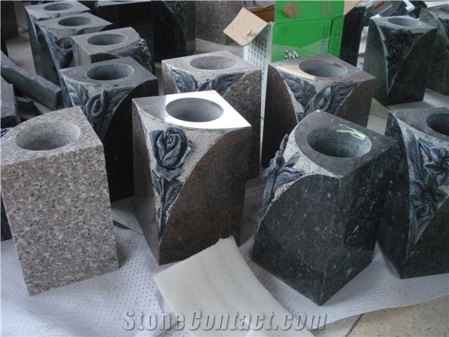 Granite Cross Tombstone and Stone Vases