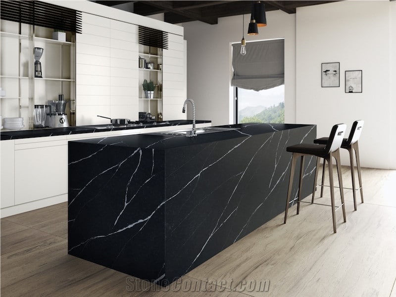 Black Calcatta Quartz Stone Kitchen Counter Top