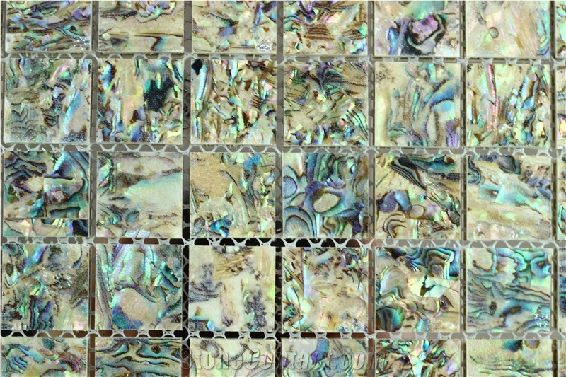 Seamed Abalone Shell Mosaic Tile Mounted on Mesh