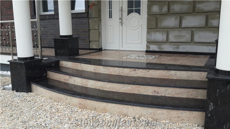 Outdoor Deck Stairs, Absolute Black and Shivakasi Ivory Granite Stairs