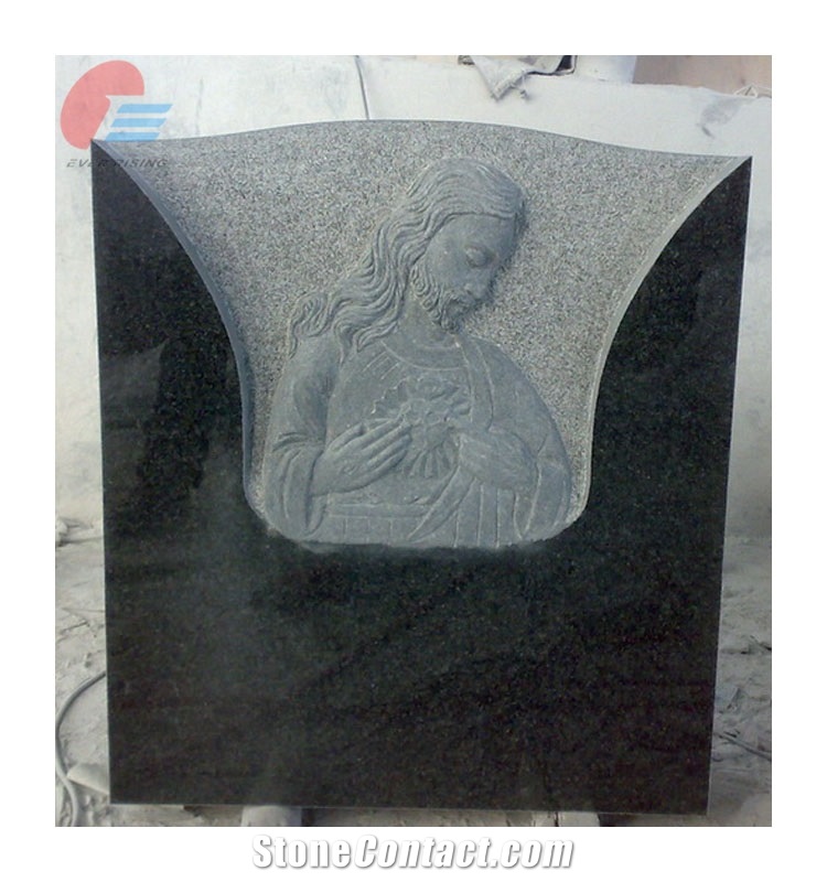 Black Granite Headstone with Sacred Heart Relief
