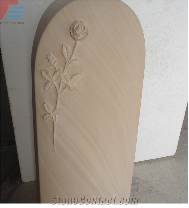 Sandstone Gravestone with Flower Carving