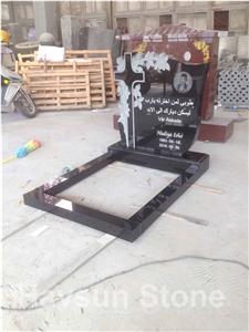 Etched Black Cross and Rose Monuments,Tombstones