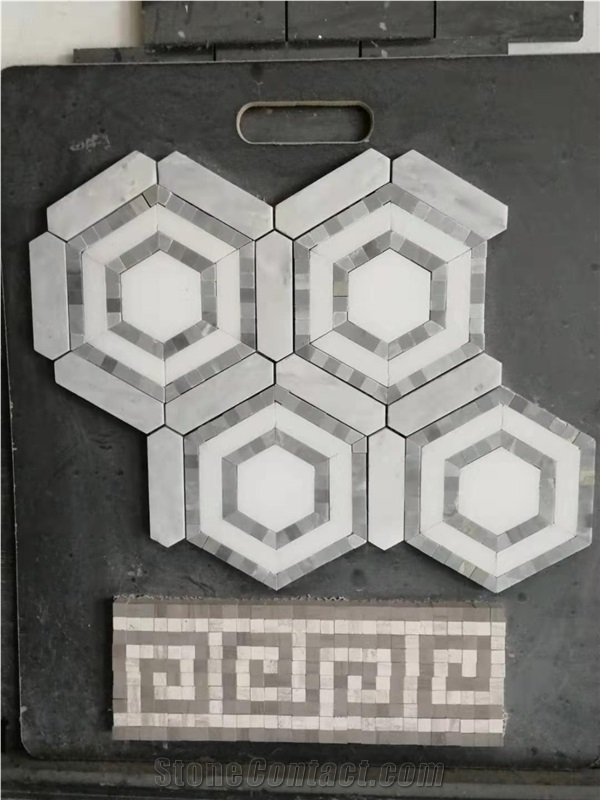 Hexagon Marble Mixed Mosaic Wall Tiles Honed