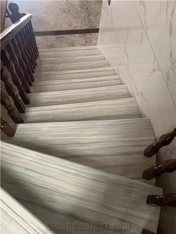 Veroia Striped White Wood Marble for Stairs Risers