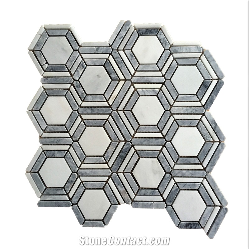 Hexagon with Stripes Marble Mosaic