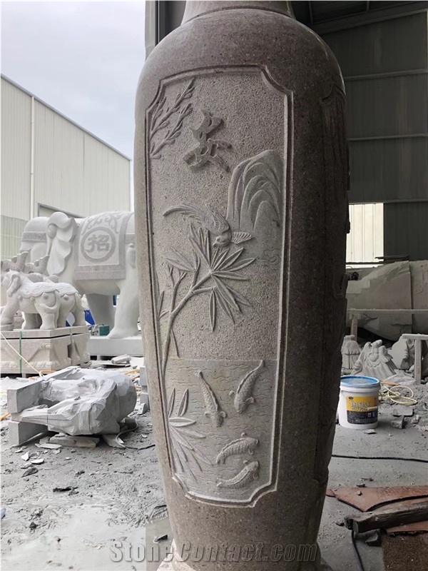 Pink Granite Garden Big Stone Carved Vase