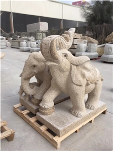 Yellow Granite Mother and Child Elephant Statues