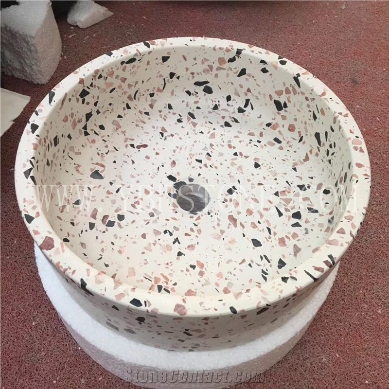 White Terrazzo Stone Polished Round Bathroom Sinks