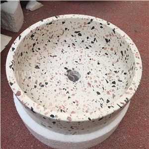 White Terrazzo Stone Polished Round Bathroom Sinks