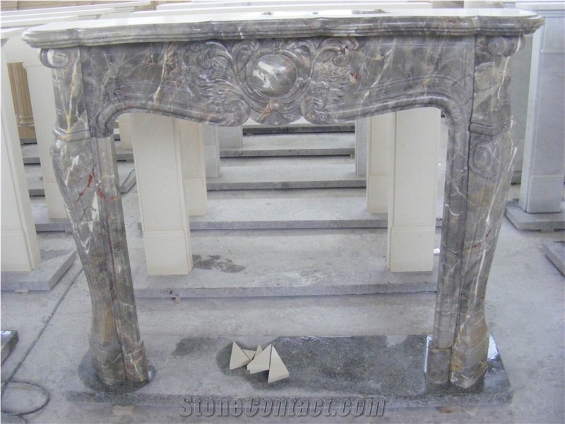 Handcarved Grey Marble Fireplace Modern Style