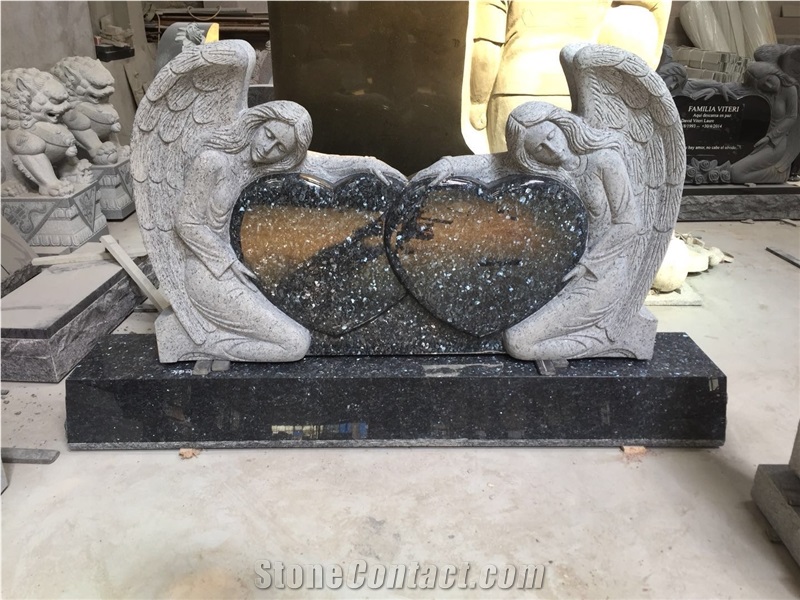 Blue Peal Granite Angel Double Heart Headstone
