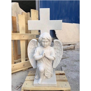 China White Marble Angel Baby Tombstone, Cross Headstone