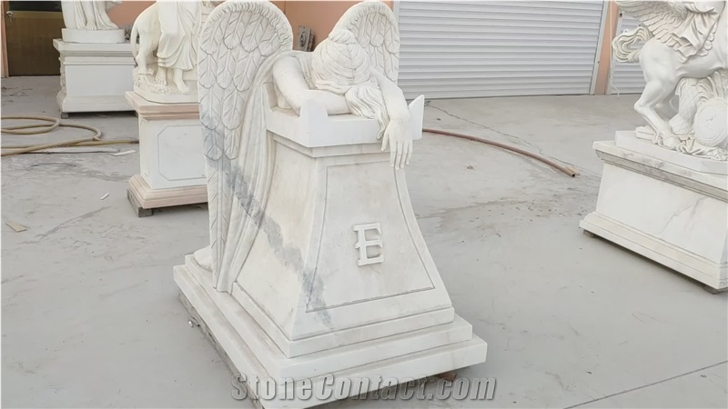 China White Marble Angel Baby Tombstone, Cross Headstone