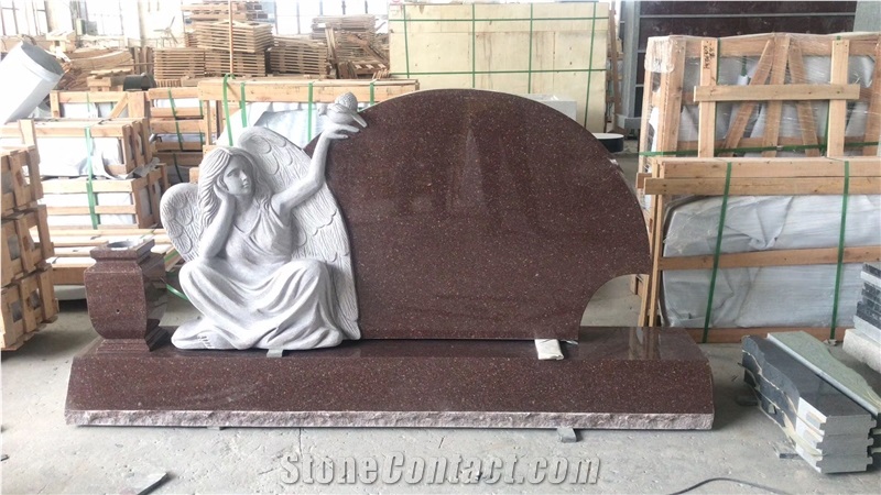 Carmine Pink Granite Monument with Angel Carving