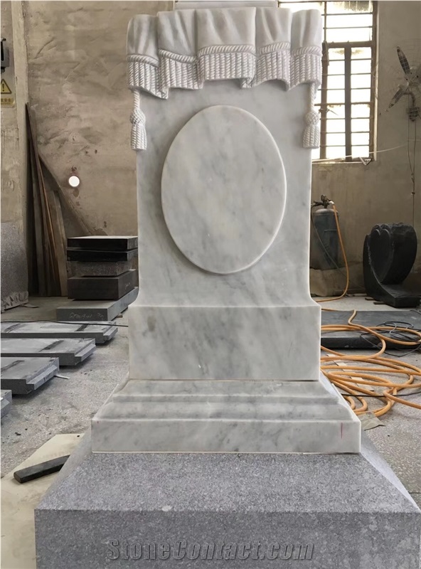 Carrara White Marble Tombstone with Carving