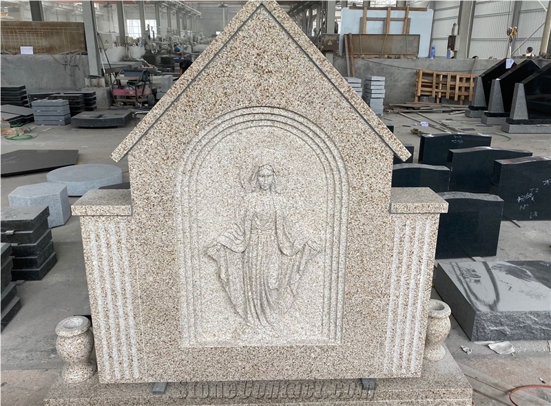 G682 Yellow Beige Custom Monument with Mary Relief