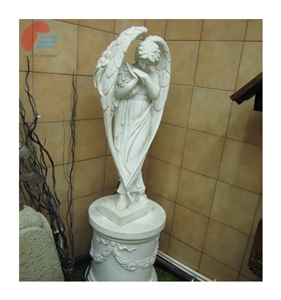 Meditating White Marble Angel Sculpture