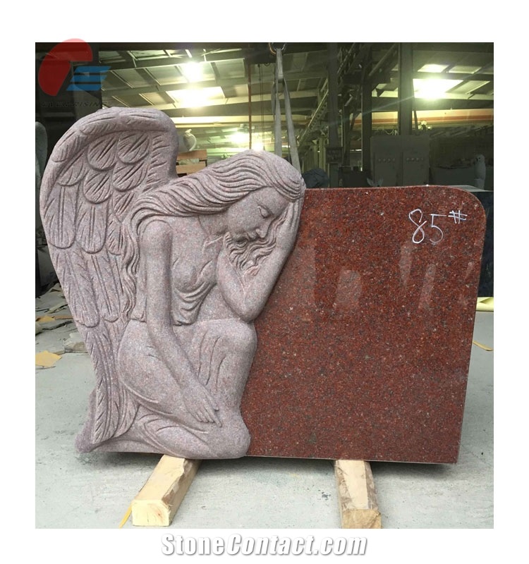 Red Granite Monument with Kneeling-Weeping Angel
