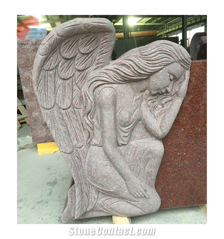Red Granite Monument with Kneeling-Weeping Angel