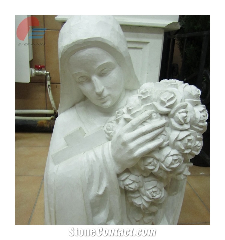 White Marble Carved Maria Holding Roses