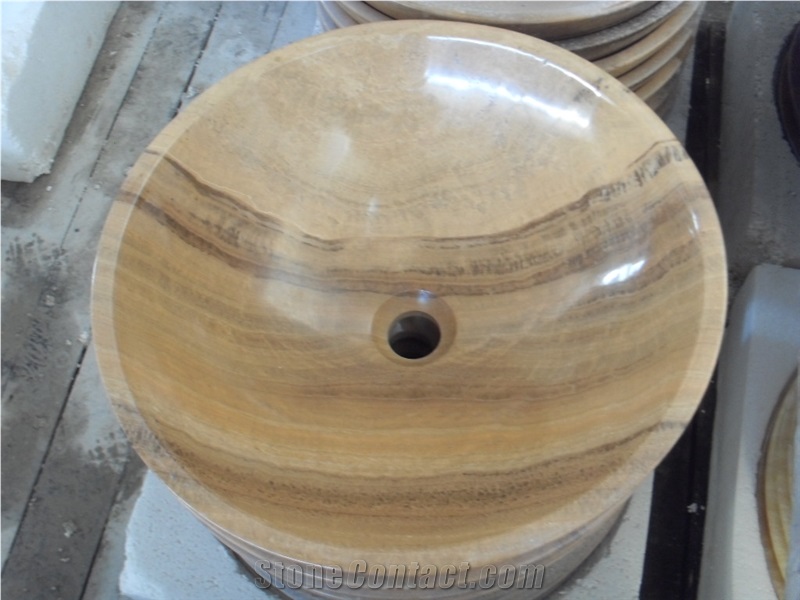 Wooden Yellow Marble Round Sink,Stone Washbasin