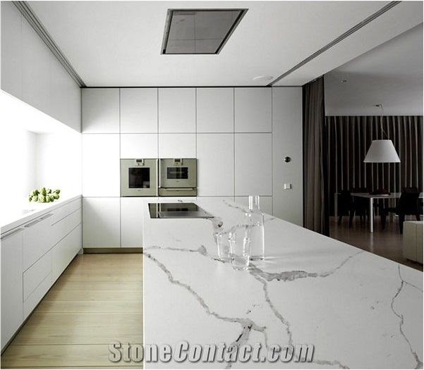 Calacatta Nuvo White Quartz Kitchen Floor Slabs