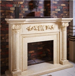 Beige Limestone Antique Fireplace