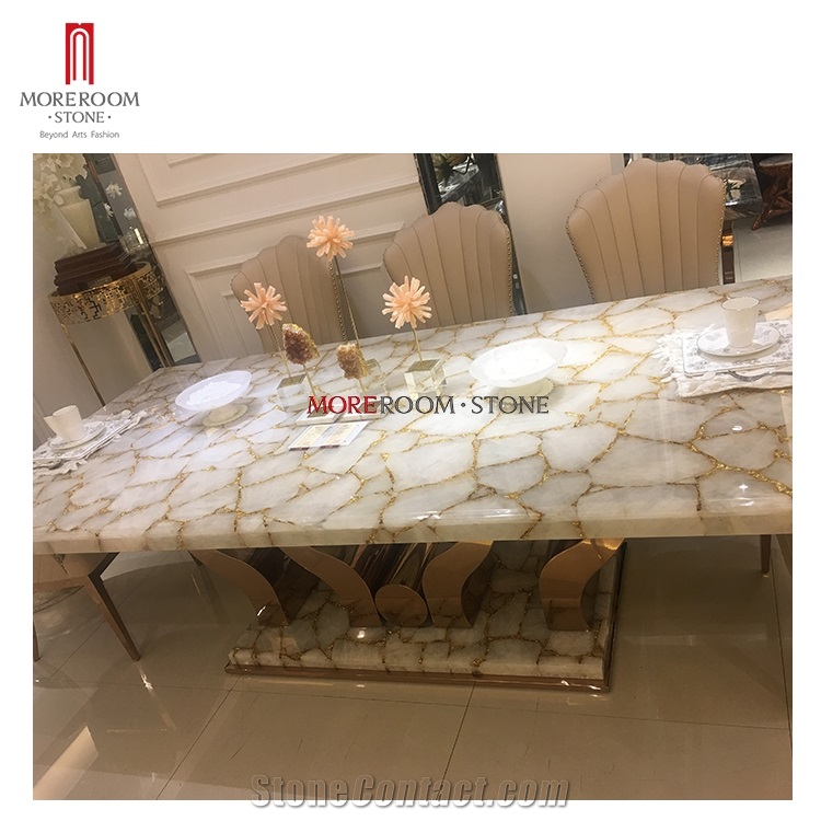 White Semiprecious Stone Dining Table Set 6 Chair