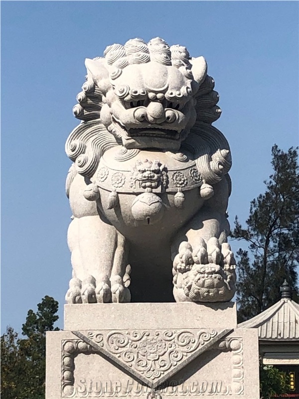 Chinese Lion Carved Stone Pure White Marble