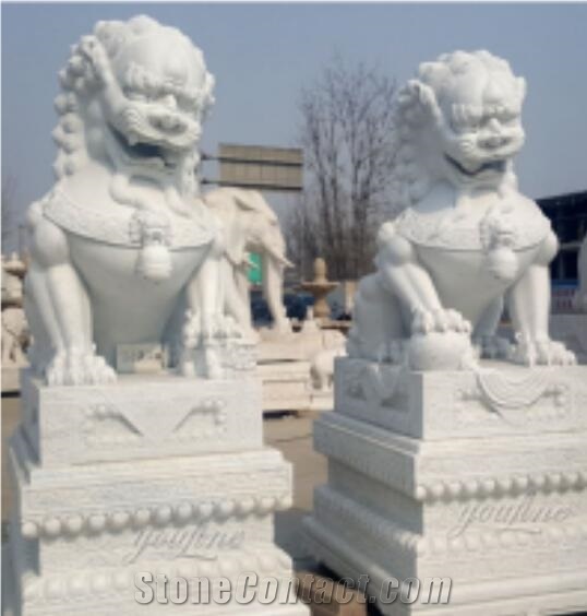 Chinese Lion Carved Stone Pure White Marble