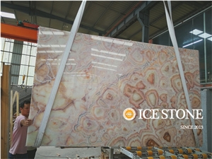 China Colorful Onyx Slabs Tiles Rainbow Bookmatch