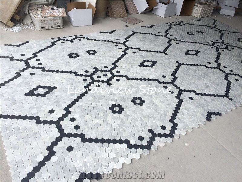 Carrara Marquina Marble Mosaic Tile Water Jet
