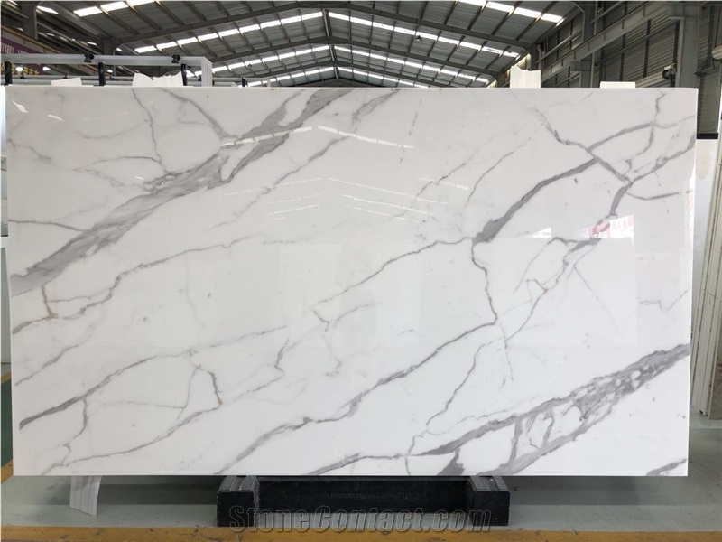 Pure White Artificial Stone with Black Veins Slab