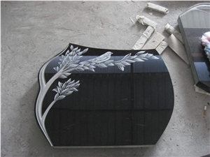 Black Granite Headstone with Trees Carving