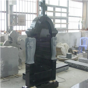 Black Granite Monument with Angels on Two Sides