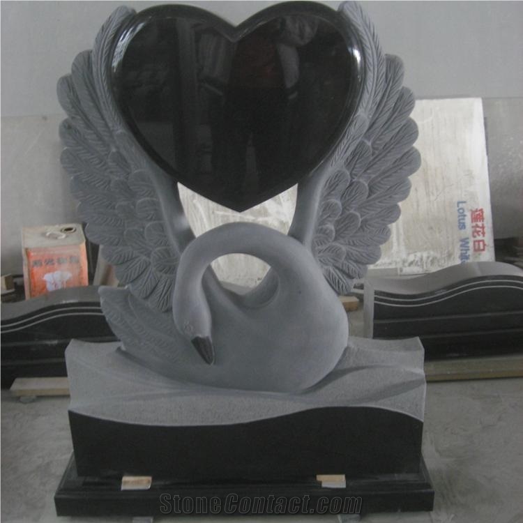 Black Granite Swan Statue Heart Shaped Monument