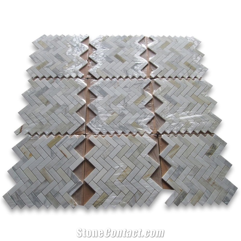 Calacatta Gold 1x3 Herringbone Mosaic Tile Polish