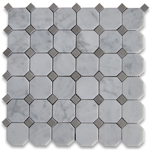 Carrara White 2 Inch Octagon Mosaic Tile Gray Dots